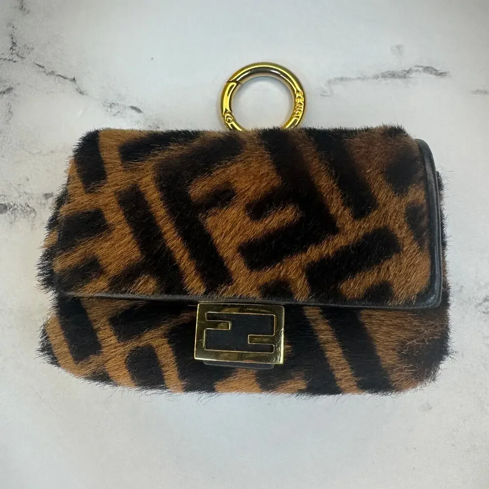 Fendi Zucca Shearling Baguette Charm Nano FF 2022 Crossbody Mini Bag Gold Chain - Picture 4 of 14